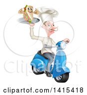 Poster, Art Print Of White Male Waiter With A Curling Mustache Holding A Souvlaki Kebab Sandwich Giving Thumbs Up And Riding A Scooter