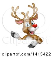 Clipart Of A Happy Rudolph Red Nosed Reindeer Waving Over A Sign Royalty Free Vector Illustration