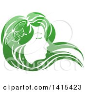 Clipart Of A Gradient Green Beatiful Womans Face In Profile With Long Hair And A Butterfly Royalty Free Vector Illustration by AtStockIllustration