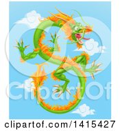 Green And Orange Chinese Dragon Flying In A Blue Sky With Clouds
