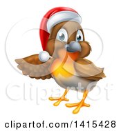 Poster, Art Print Of Christmas Robin In A Santa Hat Pointing To The Left
