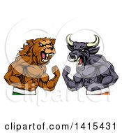 Muscular Brown Bear Man And Bull Ready To Fight Stock Market Metaphor
