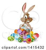 Clipart Of A Happy Brown Easter Bunny Rabbit With A Basket And Eggs Royalty Free Vector Illustration