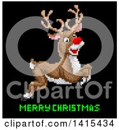 Poster, Art Print Of Retro Pixelated Leaping Rudolph Red Nosed Reindeer Over Merry Christmas Text