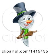 Poster, Art Print Of Christmas Snowman Wearing A Green Scarf And A Top Hat Pointing Around A Sign