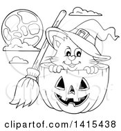 Cute Black And White Lineart Halloween Witch Cat In A Hackolantern Pumpkin