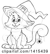 Poster, Art Print Of Cute Black And White Lineart Halloween Witch Cat With A Spider On Its Tail