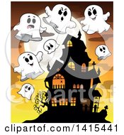 Poster, Art Print Of Lit Haunted Halloween House With Ghosts