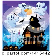 Poster, Art Print Of Lit Haunted Halloween House With Bats Jackolanterns And Ghosts