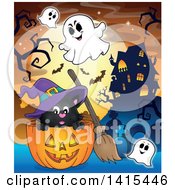 Clipart Of A Cute Black Halloween Witch Cat In A Jackolantern In A Haunted Cemetery By A House Royalty Free Vector Illustration by visekart