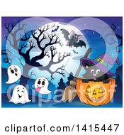 Cute Black Halloween Witch Cat In A Jackolantern Surrounded By Ghosts And A Bat Against A Full Moon