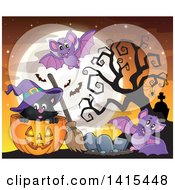 Clipart Of A Cute Black Halloween Witch Cat In A Jackolantern At A Cemetery With Bats Royalty Free Vector Illustration by visekart