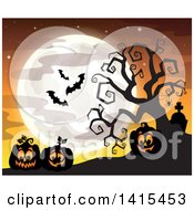 Clipart Of Lit Jackolanterns In A Cemetery With A Silhouetted Bare Tree And Bats Against An Orange Sky With A Full Moon Royalty Free Vector Illustration