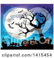 Poster, Art Print Of Lit Jackolanterns In A Cemetery With A Silhouetted Bare Tree And Bats Against A Blue Sky With A Full Moon
