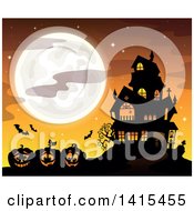 Poster, Art Print Of Lit Haunted Halloween House With Bats And Jackolanterns Against An Orange Sky And Full Moon