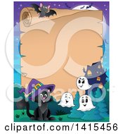 Clipart Of A Blank Parchment Scroll With A Cute Black Halloween Witch Cat Near A Haunted House Royalty Free Vector Illustration