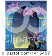 Poster, Art Print Of Cute Black Halloween Witch Cat In A Haunted House Hallway With Bats