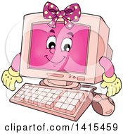 Clipart Of A Cartoon Pink Female Desktop Computer Character Royalty Free Vector Illustration by visekart