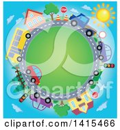 Poster, Art Print Of Road Circle With A Bus Homes And Cars