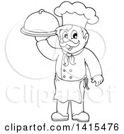 Poster, Art Print Of Black And White Lineart Male Chef Holding A Platter