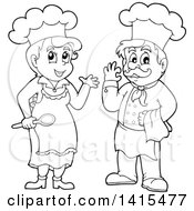 Poster, Art Print Of Black And White Lineart Male And Female Chefs