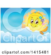 Poster, Art Print Of Happy Spring Time Sun Character With Flowers Peeking Over Clouds