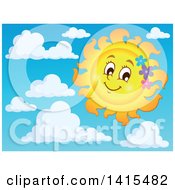 Poster, Art Print Of Happy Spring Time Sun Character With Flowers In The Sky With Clouds