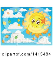 Poster, Art Print Of Happy Autumn Sun Character With Leaves In The Sky With Clouds