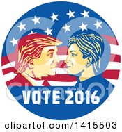 Retro Profile Portrait Of Donald Trump And Hillary Clinton Facing Off In An American Flag Circle With Text