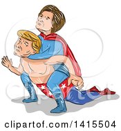 Sketched Caricature Of Hillary Clinton Wrestling Donald Trump And Holding Him In A Headlock