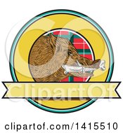 Clipart Of A Sketched Wild Boar Pig Head With A Bone In Its Mouth Inside A Circle With Tartan Royalty Free Vector Illustration