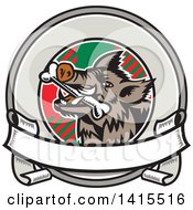 Clipart Of A Retro Woodcut Cartoon Wild Boar Pig With A Bone In Its Mouth Inside A Circle Royalty Free Vector Illustration