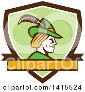 Clipart Of A Retro Profile Of Robin Hood Wearing A Plumed Hat In A Shield Royalty Free Vector Illustration
