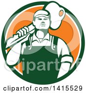 Cartoon Male Locksmith Carrying A Giant Gold Key Over His Shoulder In A Green White And Orange Circle