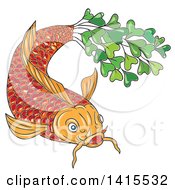 Poster, Art Print Of Sketched Orange Koi Fish With A Tail Made Of Micro Greens