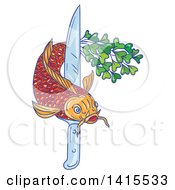 Poster, Art Print Of Sketched Koi Carp Fish With A Tail Of Micro Greens Swimming Around A Knife