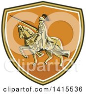 Poster, Art Print Of Retro Horseback Knight In Full Armor Holding A Lance In A Shield