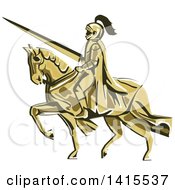 Poster, Art Print Of Retro Horseback Knight In Full Armor Holding A Lance