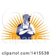 Clipart Of A Retro Male Farmer With Folded Arms Looking To The Side Over A Sun Burst Royalty Free Vector Illustration