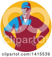 Poster, Art Print Of Retro Male Farmer With Hands On His Hips In An Orange Circle
