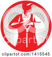 Poster, Art Print Of Retro Male Farmer Leaning On A Shovel Looking To The Side In A Red And Gray Sun Burst Circle