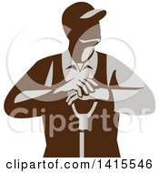 Poster, Art Print Of Retro Male Farmer Leaning On A Shovel Looking To The Side