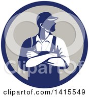 Poster, Art Print Of Retro Male Farmer With Folded Arms Looking To The Side In A Blue And Gray Circle