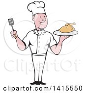Retro Cartoon White Male Chef Holding A Spatula And Serving A Roasted Chicken