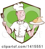 Poster, Art Print Of Retro Cartoon White Male Chef Holding A Spatula And Serving A Roasted Chicken In A Black And Green Shield