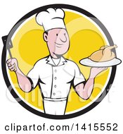 Poster, Art Print Of Retro Cartoon White Male Chef Holding A Spatula And Serving A Roasted Chicken In A Black White And Yellow Circle