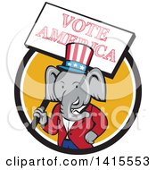 Poster, Art Print Of Retro Cartoon Political Republican Elephant Holding A Vote American Sign In A Black White And Yellow Circle