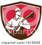 Poster, Art Print Of Retro Male Carpet Cleaner In A Brown White And Pink Shield