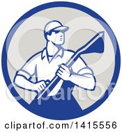 Clipart Of A Retro Male Carpet Cleaner In A Blue And Gray Circle Royalty Free Vector Illustration