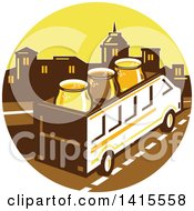 Poster, Art Print Of Retro Brew Tour Bus With Glasses On The Roof In A Town Skyline Circle